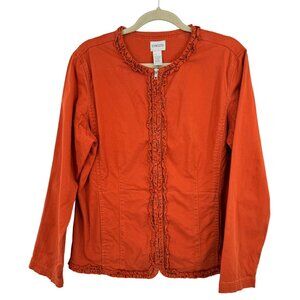 Chico's 2 Women's Orange Ruffle Zip-Up Jacket Size Large Cotton stretch